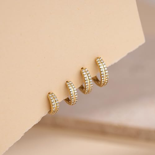 Image of Small Gold Huggie Hoop Earrings Set for Women Men Hypoallergenic 14K Plated Stack Cartilage Earrings, Sterling Silver Multiple Piercing Lightweight Mini Thin Cute Dainty Trendy Jewelry Gifts for Women