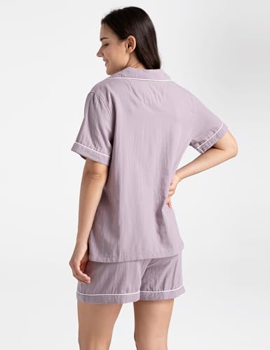 Image of Womens Muslin Pajama Sets 100% Cotton Double Gauze Linen Like Short Pjs | Breathable Soft Comfort Button Up Loungewear Sleepwear PJ Set