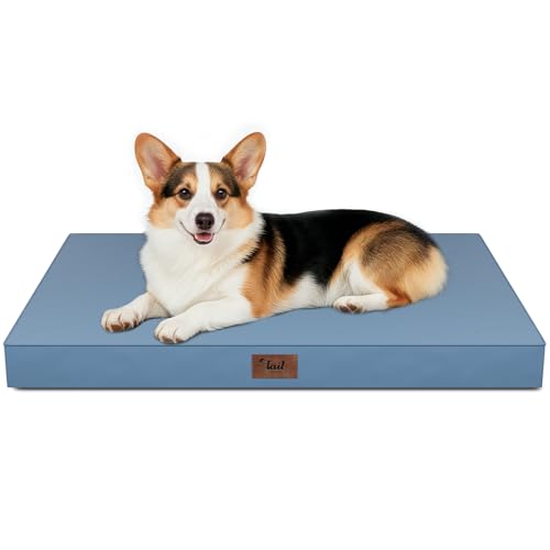 Large Outdoor All Weather Dog Bed, Waterproof Pet Bed for Large Dogs, Orthopedic Egg Crate Foam with Washable Removable Oxford Cooling Cover, 36x27 Inch, Blue