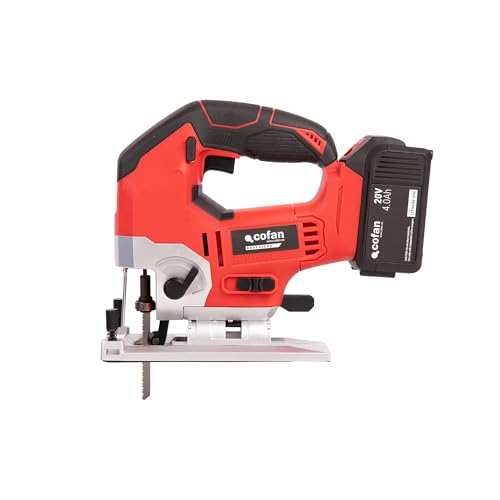 Cofan Sierra de calar a batería con motor sin escobillas | Potencia: 20 V | Velocidad variable 0–3000 rpm | Acción pendular | Corte inclinado ±45° | Batería y cargador incluidos