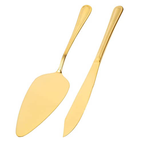 PRETYZOOM Kit de Découpe de Gâteau 2 Pièces Couteau et Spatule en Acier Inoxydable Doré Outil de Cuisson Solide pour Pâtisserie, Maison et Restaurant