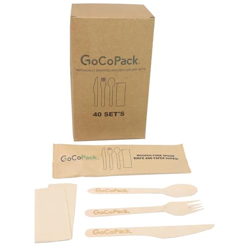 Juego de cubiertos compostables de madera envueltos individualmente, paquete de 40 cubiertos envueltos individualmente con cuchara, tenedor, cuchillo y servilleta de madera