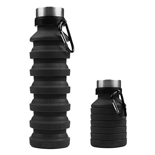 OfrdncyCollapsible Water Bottle, Reuseable BPA Free Silicone Foldable Water Bottles for Travel Gym Camping Hiking, Portable Leak Proof Sports Water Bottle with Carabiner (550mL/18.6oz,Black)