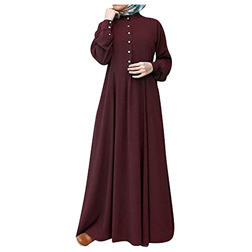 NIUQI Women's Kaftan Abayas Muslim Dress Long Sleeve Islamic Robe Button Up Maxi Dress Wine NIUQI Women's Kaftan Abayas Muslim Dress Long Sleeve Islamic Robe Button Up Maxi Dress Wine