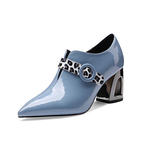 TinaCus Women's Handmade Patent Leather Pointed Toe Mid Chunky Heel V-Shaped Side Zip Up Pumps with Modern Buckle Decor - Main Image