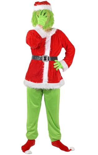 Green Monster Costume Christmas Adult, Halloween Outfit for Woman Men, Green Costume Santa Claus Cosplay Costume 7PCS
