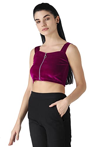 Image of POPWINGS Casual Solid Dusky Pink Velvet Front Zipper Crop Top for Women || Stylish Western Crop Top for Women || Sleeveless Women Top for Summer || Square Neck Stylish Top