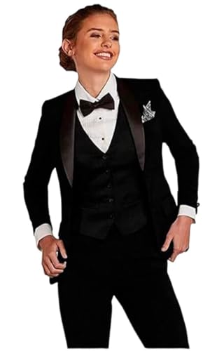 Conjunto de 3 piezas con solapa de chal para mujer, dos botones, pantalones de trabajo, oficina, ajuste regular, traje de negocios, traje casual, Negro, XS