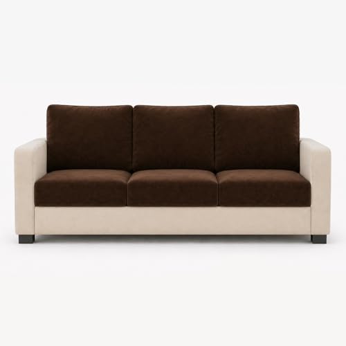 Image of FURNY Haster 3 Seater + 2 Seater Fabric Sofa Set with 1 Ottoman (Dark Brown-Cream) with Velvet Finish | Durable Comfort | Ideal for Living Room