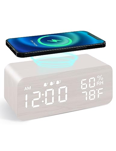 JALL Wooden Digital Alarm Clock with Wireless Charging, Dimmable, Adjustable Volume, 3 Alarms, Weekday/Weekend Mode, Snooze, Digital Clock for Bedroom, Bedside, Office, Ideal for Gift, White