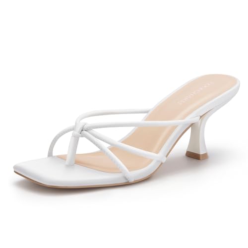 Image of Women's Strappy Square Open Toe Kitten Heel Thong Sandals Slip On Mule Style Dressy Summer Heels