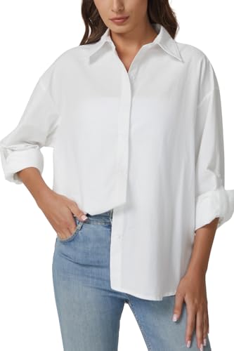 QINSEN Oversized Button Down Shirts for Women Long Sleeve Striped Casual Blouse Cotton Tops3