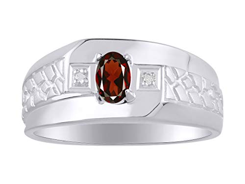 Rylos Men's Rings 14K White Gold Classic Nugget 6X4MM Oval Gemstone & Diamond Ring Garnet January Birthstone Rings Size 11