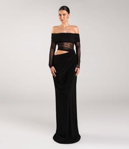 Women's Sheer Mesh Off Shoulder Maxi Dress Y2K Bodycon Gown for Club Party Wedding Evening Outfits3