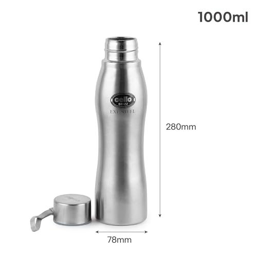 Image of CELLO Brizz 1000 Exe-Steel Stainless Steel Water Bottle 1000 ml, Silver | ISI Certified, Single Walled, Leakproof Steel Bottle | Rust & Stain Proof, Easy to Carry Loop Dishwasher Fridge Water Bottle