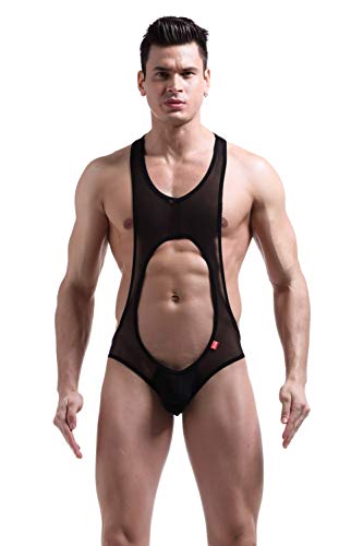 COMLIFE Men's Sexy Ice Silk Leotard Underwear Jumpsuits Wrestling Singlet Bodysuit Black