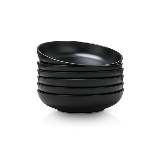 Selamica Porcelain 8.6 inch Salad Pasta Bowls Set of 6, 34 OZ Bowls Plates, Wide and Shallow Serving bowls, Microwave & Dishwasher Safe, Sturdy & Stackable, Set of 6(Black)