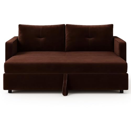 Image of FURNY Soria 2 Seater Pull-Out Premium Fabric Velvet Sofa Cum Bed Sofa Set for Living Room (Dark Brown) Premium Finish | Ideal for Living Rooms, Bedrooms