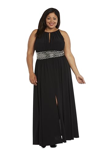 Image of R&M Richards Women's Halter Neck Dress W /Embellished Waistband & Front Slit - Elegant Evening Occasion Maxi Gown