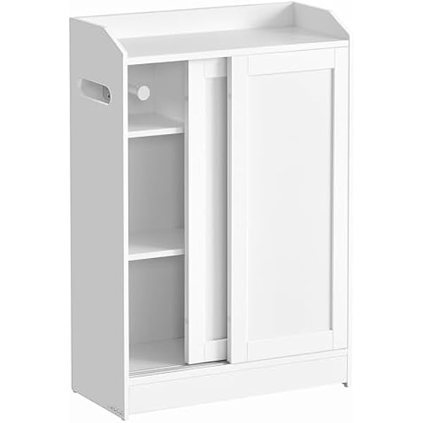 VASAGLE BBC752W01 szafka łazienkowa, zajmuje mało miejsca, uchwyt na papier toaletowy, uchwyt na szczotkę toaletową, drzwi przesuwne, regulowane półki wkładane, obok toalety, 20 x 60 x 80 cm
