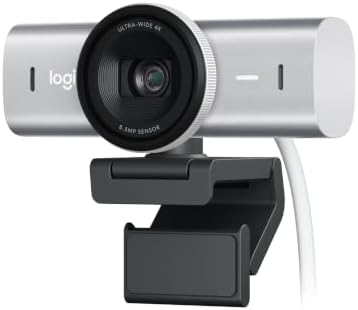 Logitech MX Brio Ultra HD 4K Collaboration and Streaming Webcam, 1080p at 60 FPS, Dual Noise Reducing Mics, Show Mode, USB-C, Webcam Cover, Works with Microsoft Teams, Zoom, Google Meet, Pale Grey