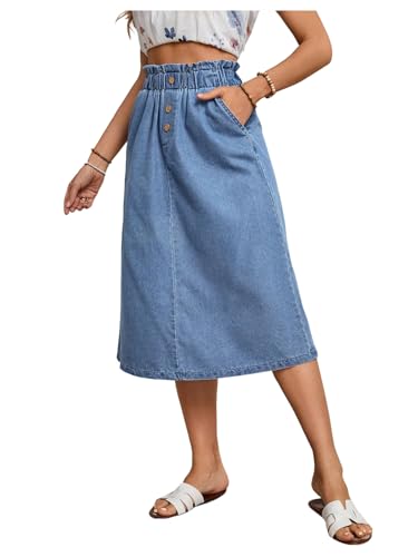 SweatyRocks Women's Denim Skirts Elastic Waist Midi Skirts Button A-Line Skirt with Pockets Fall Outfits4