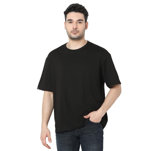 Image of Spykar Men's Oversized Round Neck Half Sleeve Solid Casual T-Shirt