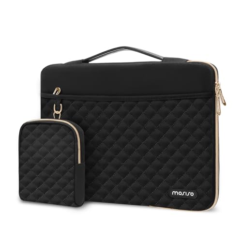 MOSISO 13-14 inch 360 Protective Laptop Sleeve, Compatible with MacBook Air/Pro 13/Pro 14 inch, 13.3 inch Carrying Case Square Quilted Side Open Bag with Horizontal Pockets&Small Case&Belt, Black