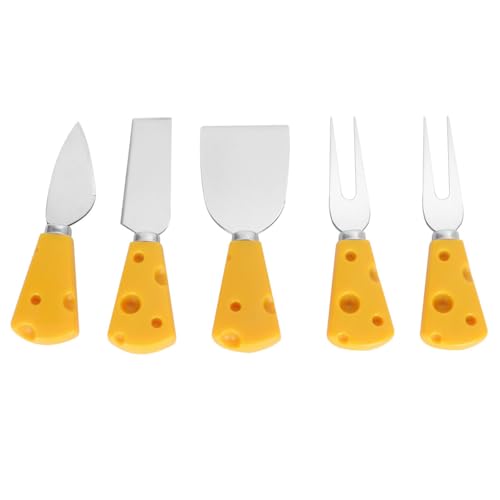 SMASOLO Lot de 5 Couverts à Fromage et Dessert Poignée Jaune Comprenant Pelle Couteau Fin Couteau Plat et 2 Fourchettes Vaisselle pour Fruits et Fromages Ustensiles Cuisine