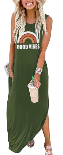 Image of Good Vibes Rainbow Graphic Dress Womens Sleeveless Pocket Maxi Dress Hawaiian Beach Beach Tank Dress