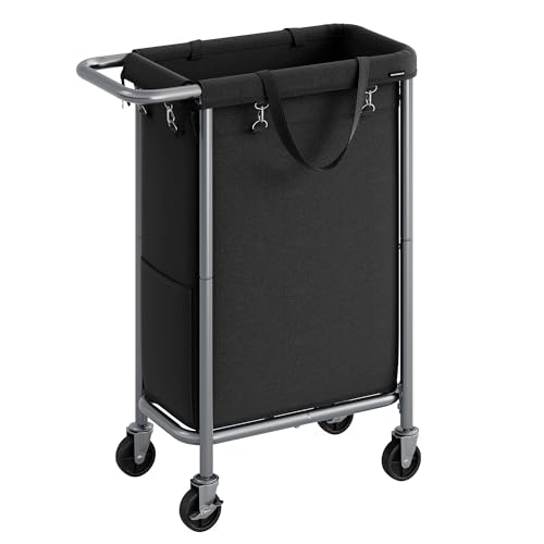 SONGMICS Laundry Basket on Wheels, Laundry Hamper, 23.8 Gallons (90L), Removable Liner, Steel Frame with Handle, Large Linen Storage, 61 x 29 x 81 cm, Ink Black RLS003B01