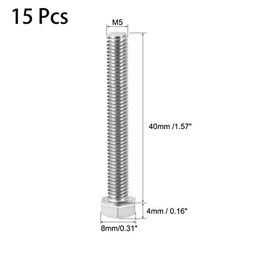 Image of 15 Pcs M5 Hex Bolt M5-0.8 x 40mm UNC Hex Head Screw Bolts A2-70(304) Stainless Steel Fully Threaded Hex Tap Bolts,Plain Finish,Fully Threaded (M5 x 40mm)