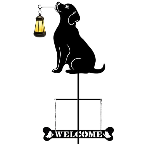 Tfro & Cile Solar Light Garden Stake 49 Inch Black Golden Retriever Welcome Sign Decorative Dog Lantern Ornament Outdoor Garden Decor for Lawn Yard Patio