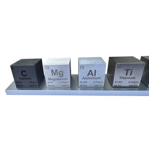 Image of 1 inch Element Cube Set - 7 Pure Metal Density Cubes with Engraved Atomic Data - Precision Machined Science Specimens + Display Stand - Periodic Table Gift