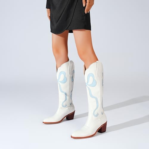 Women's White Cowgirl Boots with Bow Knee High Cowboy Boots Almond Round Toe Chunky Heel Embroidered Western Cowboy Boots for Women3