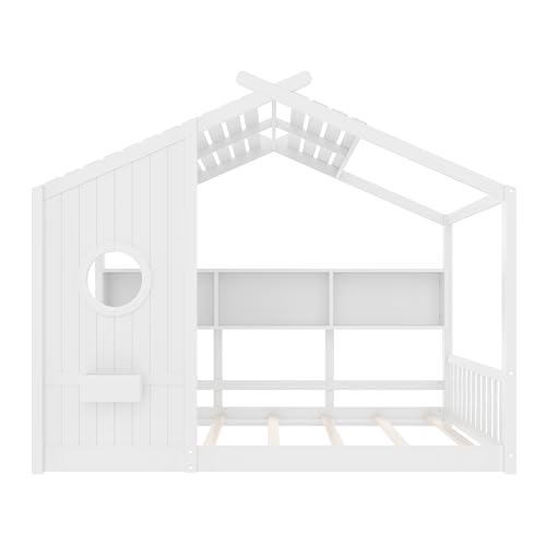Image of Full Size Floor House Bed with Roof and Window for Kids, Wooden Playhouse Bed with Storage Shelves for Bedroom Furniture Girls & Boys (White /L1, Full)
