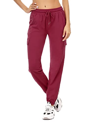 Marvmys Pantalon de survêtement cargo en coton pour femme avec poches, rouge vin, Taille S Cover