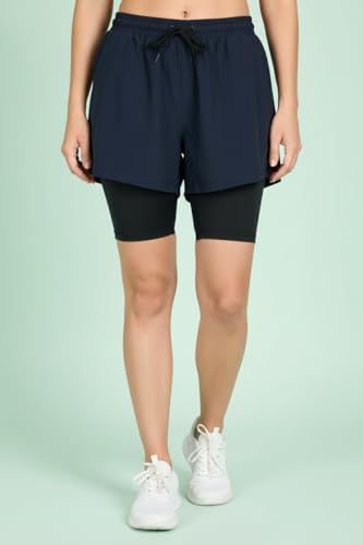 Image of Women's 2-in-1 Athletic Shorts with Inner Tights Layer, Drawstring Waist, for Running, Gym & Sports, Plus Size S to 6XL