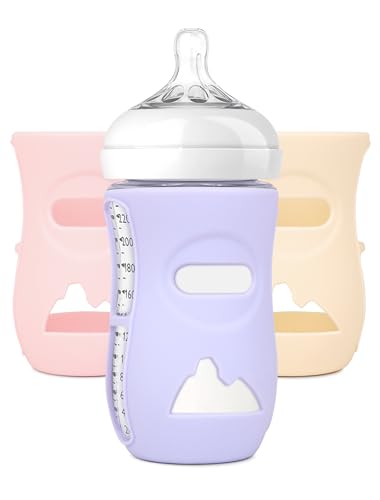 Image of LOTBILL 3 Pack Silicone Sleeves for Avent Natural Glass Baby Bottles, Protection and Insulation, Baby Bottle Sleeve Compatible with Avent Glass Bottles 8 oz, Dishwasher Safe (Pink+Purple+ Beige)