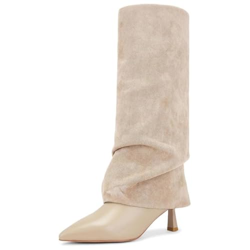 JilTrdWei Women's Slouchy Knee High Boots Suede, Fold Over Pointed
