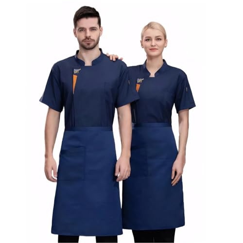 Maizoon 1 Juego Traje de Cocina Profesional Chaqueta Transpirable Manga Corta y Delantal Impermeable Uniforme Ligero Verano para Restaurantes Atuendo de Cocina Unisex Ajustable Azul XL