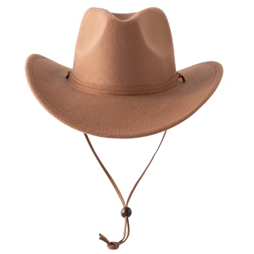 Jastore Kids Boys Girls Wide Brim Western Cowboy Cowgirl Hat with Wind Lanyard Vintage Jazz Felt Fedora Hat3