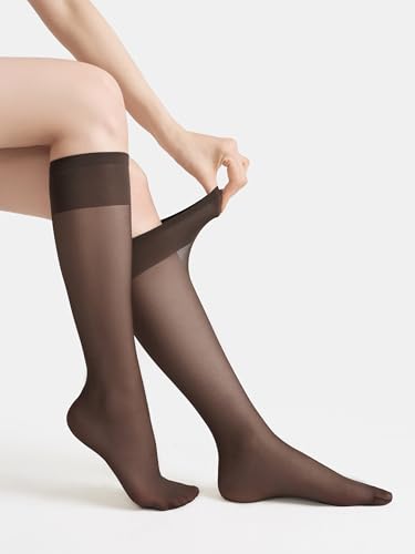 Image of leg elegant Sheer Knee High Stockings for Women, 6 Pairs Knee High Transparent Toes Nylons Pantyhose for Women
