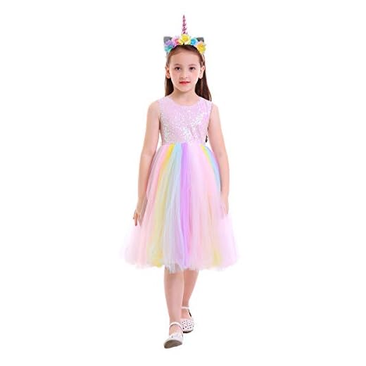 FYMNSI Niñas Unicornio Vestido de Princesa Disfraces Infantil Sin Mangas Arco Iris Tutu Largo Vestido Cumpleaños Partido Boda Dama de Honor Velada Navidad 6-7 Años