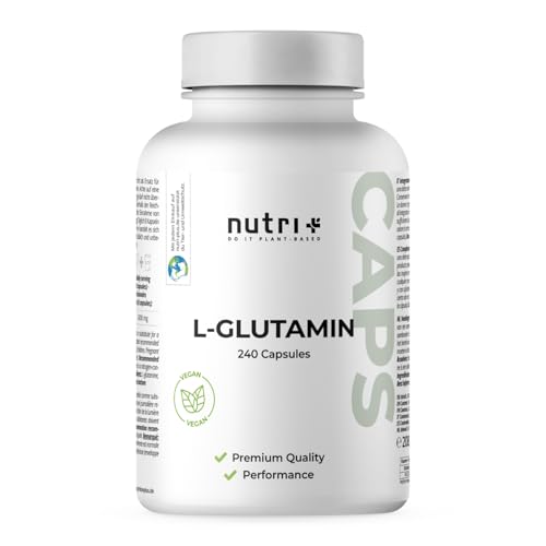 Nutri + L Glutamin Kapseln vegan + hochdosiert - 240 Kapseln - 750 mg reines L-Glutamin Mega Caps - 100% rein + pflanzlich ohne Zusatzstoffe