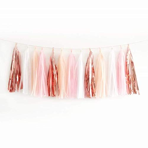 Image of 20PCS Shiny Tassel Garland Tissue Paper Tassel Banner,Table Decor,Tassels Party Decor Supplies - Rose Gold,Peach Color,Light Pink,White