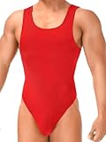 ChiaoLezhee Mens Thong Bodysuit, G-String High Cut Sexy One Piece Lingerie, Semi Sheer Breathable Leotard Underwear,Red,One Size