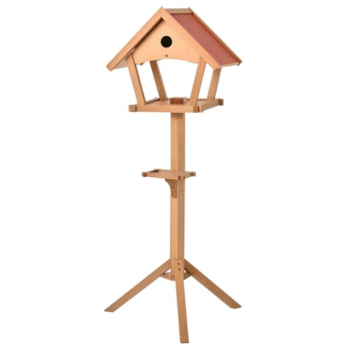 PawHut Comedero para Pájaros de Pie de Madera Maciza 49x45x139 cm con Techo Asfáltico Alimentador de Aves Silvestres para Exterior Jardín Natural