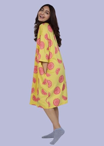 Image of LAMA STORE Women's Printed Oversized T-Shirt Dress, Cotton, 3 /4 Sleeve Length, Casual Loose Fit, Comfort Wear Extra Comfy Oversized Printed Pocket T-Shirt Dress