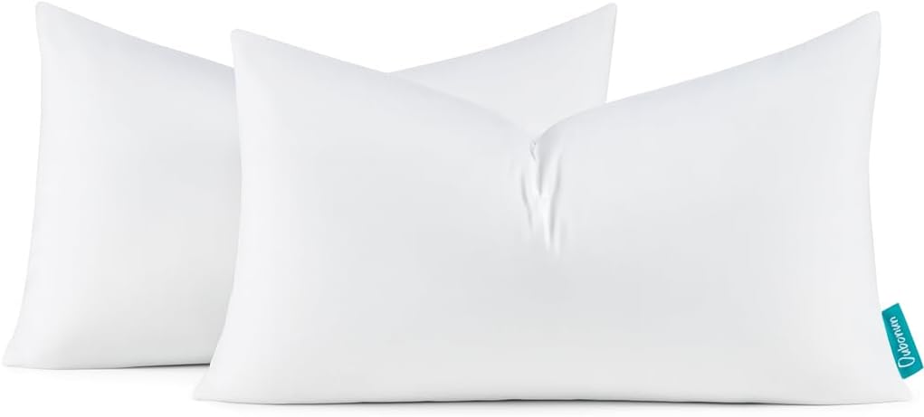 Oubonun 12x20 Feather Down Throw Pillow Inserts, 100% Cotton Cover, Medium Firm Lumbar Pillow Inserts for Couch, Sofa, Bed, Chair (Set of 2)
